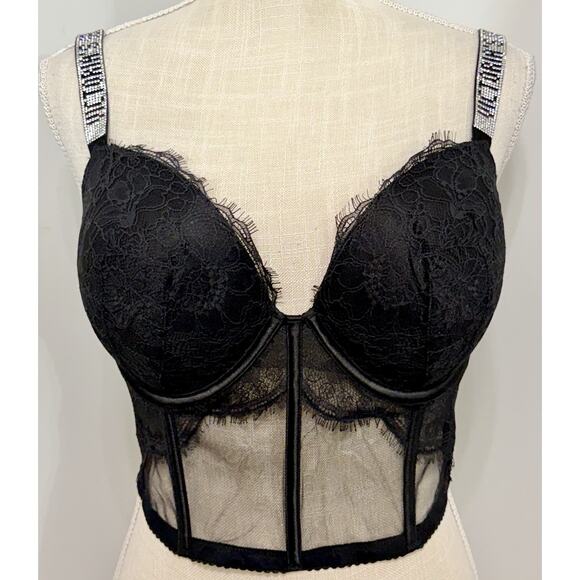 NEW Victoria's Secret RHINESTONE Strap Push-up Bustier Corset Black Lace 32C - Picture 1 of 2